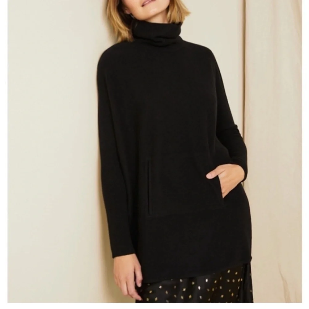 Garnet Hill Cashmere Wool Oversized Turtleneck Sweater Kangaroo Pocket Black - Picture 15 of 15